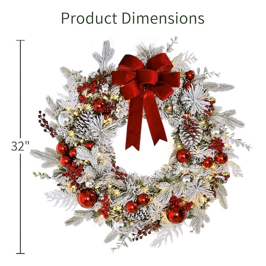 Puleo International 32" Pre-Lit Red Ornaments & Pinecones Flocked Artificial Christmas Wreath